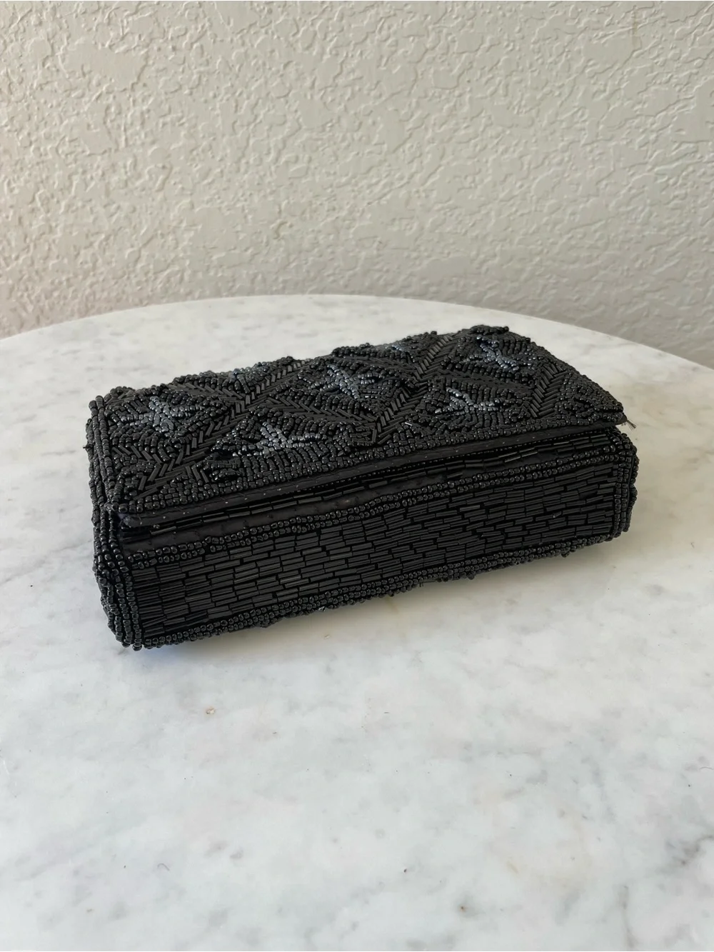 Vintage Black Hand Beaded Clutch Geometric Seed Bead Evening Bag
